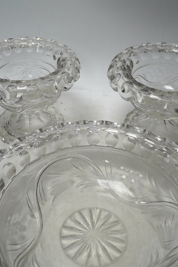 Three Victorian heavy cut glass bowls, largest 28cm. Condition - fair to good